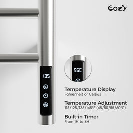 Cozy EB03 electric heated towel rack with smart LCD touchscreen controller detail.