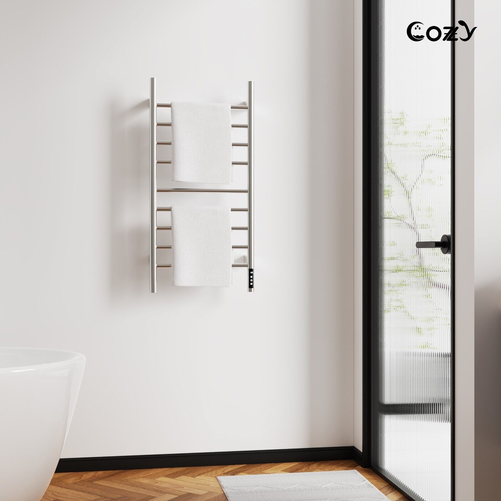 Cozy EB03 electric heated towel rack in brushed nickel style for modern bathroom decor.