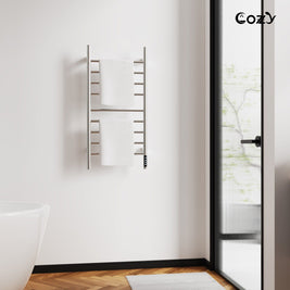 Cozy EB03 electric heated towel rack in brushed nickel style for modern bathroom decor.