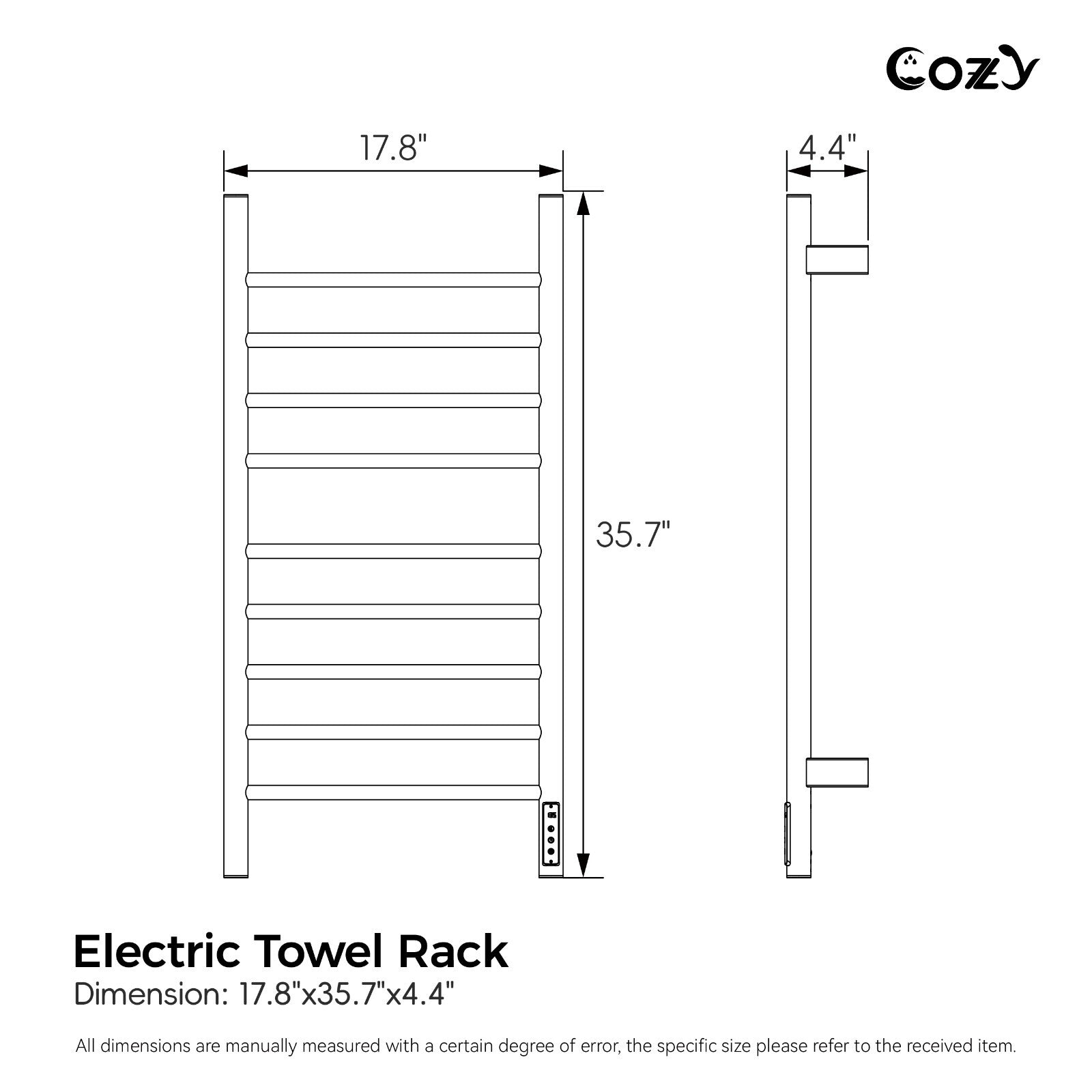 Cozy EB03 electric heated towel rack in brushed nickel dimensions chart.