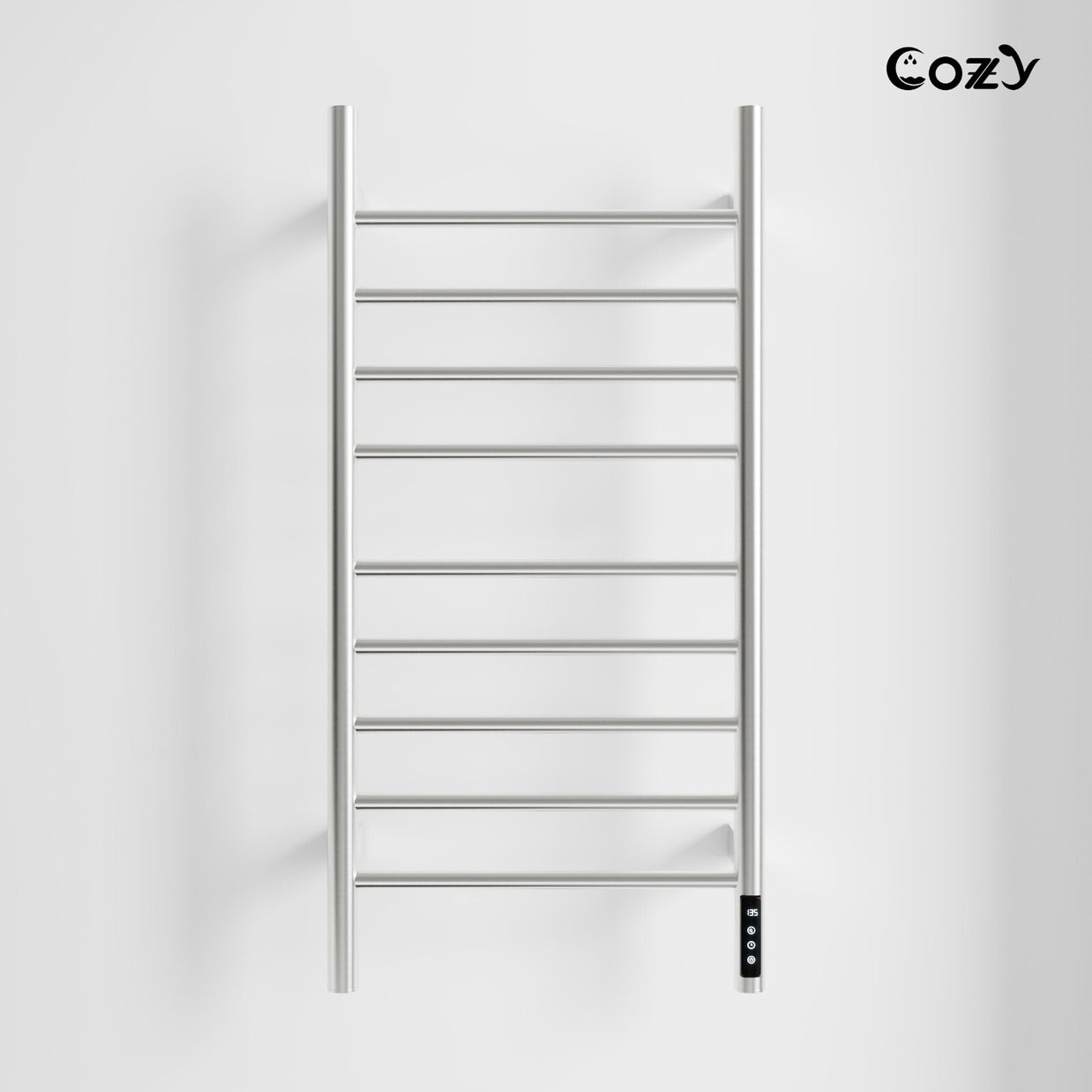 Cozy EB03 electric heated towel rack with LCD touchscreen in brushed nickel finish.