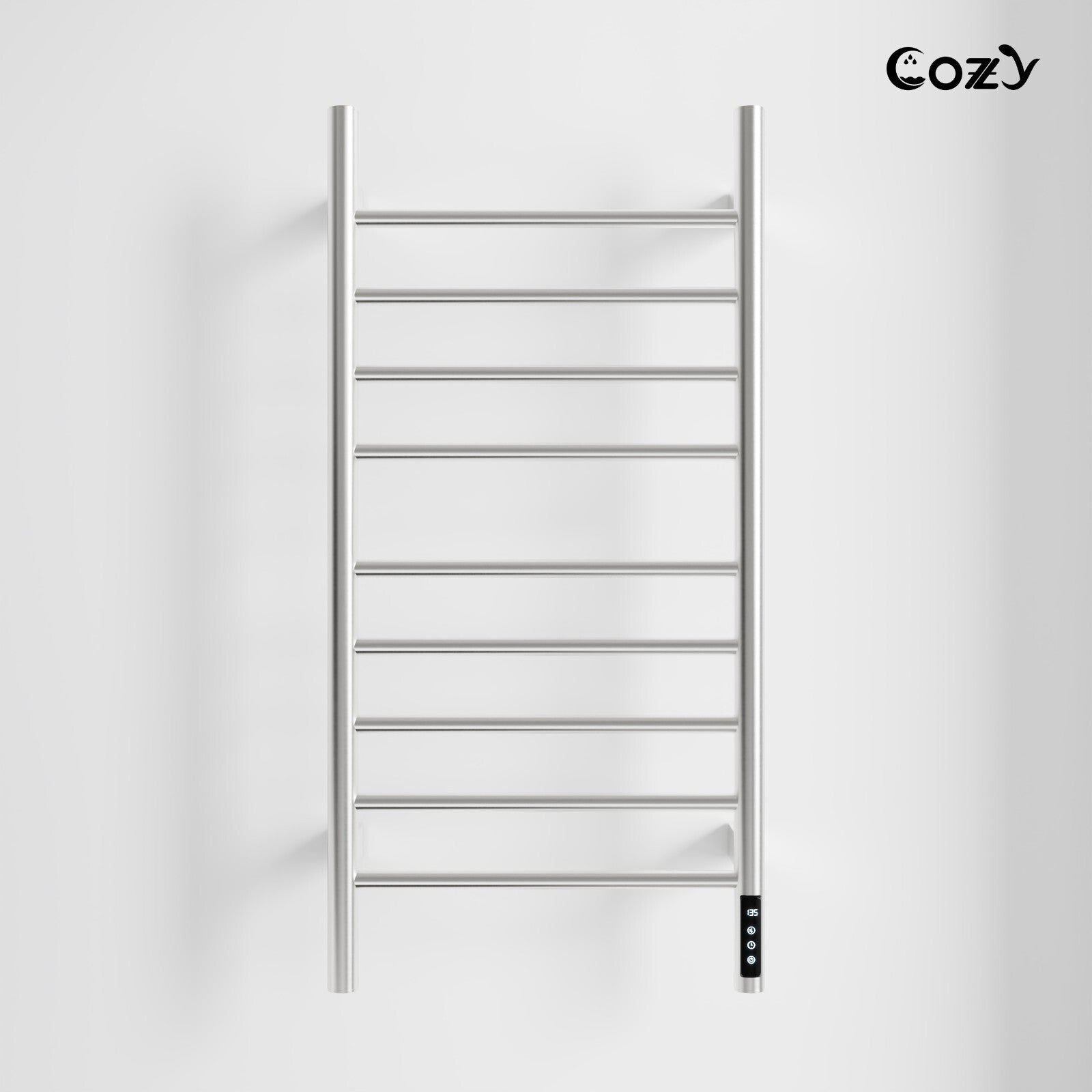 Cozy EB03 electric heated towel rack with LCD touchscreen in brushed nickel finish.