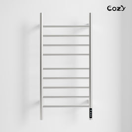 Cozy EB03 electric heated towel rack with LCD touchscreen in brushed nickel finish.