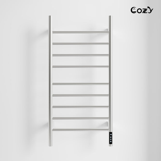Cozy EB03 electric heated towel rack with LCD touchscreen in brushed nickel finish.