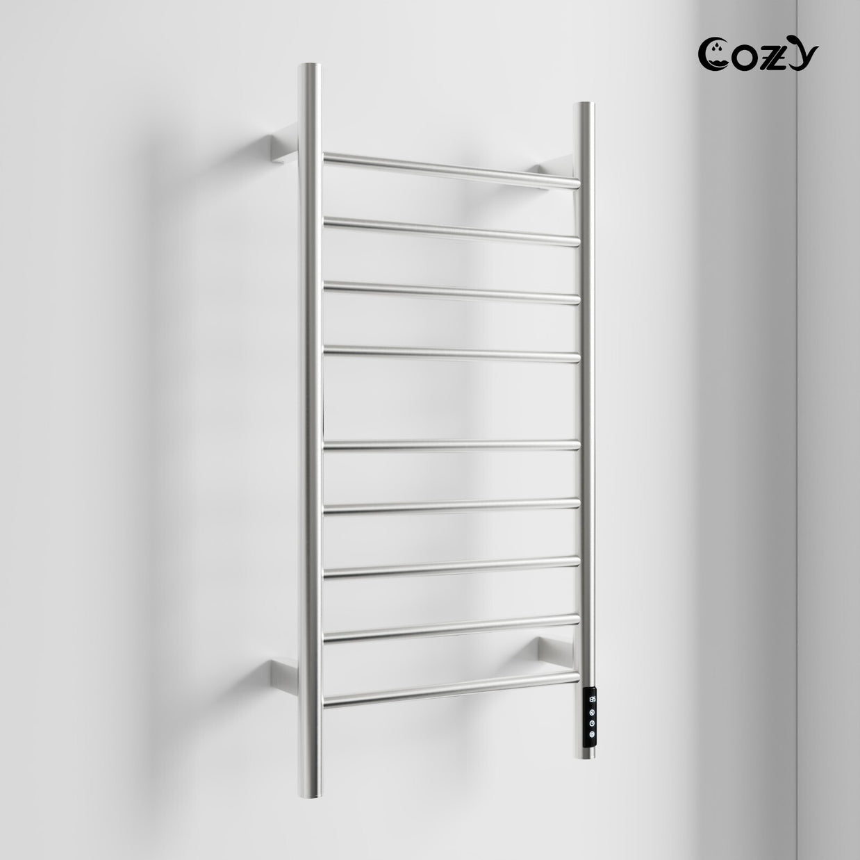 Cozy EB03 electric heated towel rack in brushed nickel finish side view.