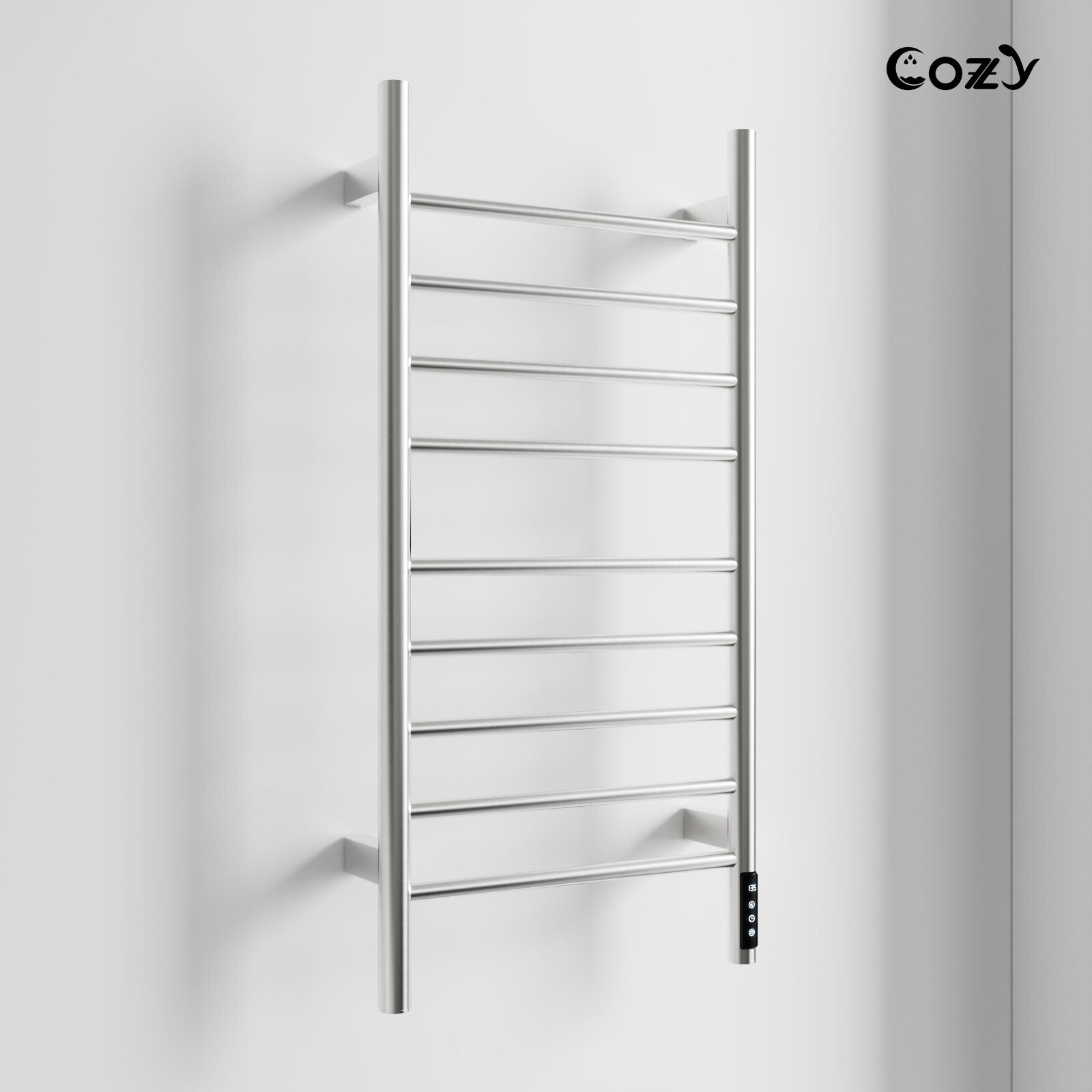 Cozy EB03 electric heated towel rack in brushed nickel finish side view.
