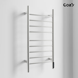 Cozy EB03 electric heated towel rack in brushed nickel finish side view.