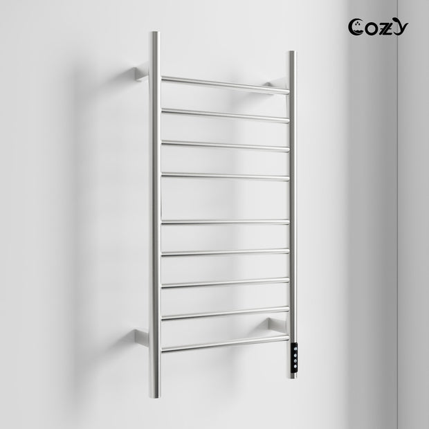 Cozy EB03 electric heated towel rack in brushed nickel finish side view.