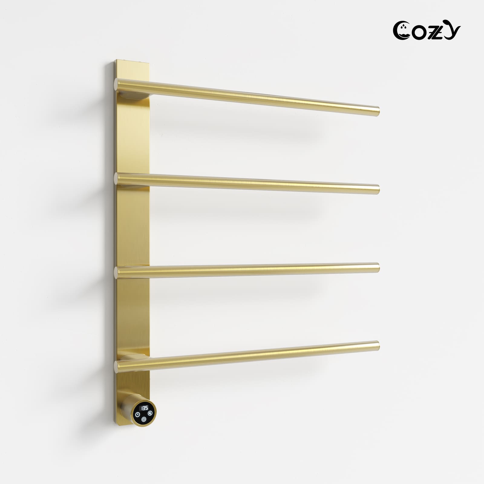 Cozy EB04 electric heated towel rack in brushed gold finish angled view.