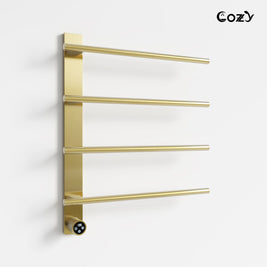 Cozy EB04 electric heated towel rack in brushed gold finish angled view.