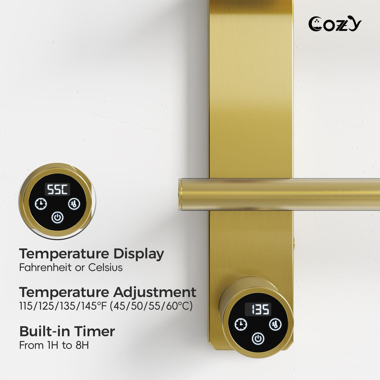 Cozy EB04 electric heated towel rack with smart LCD touchscreen controller in brushed gold.