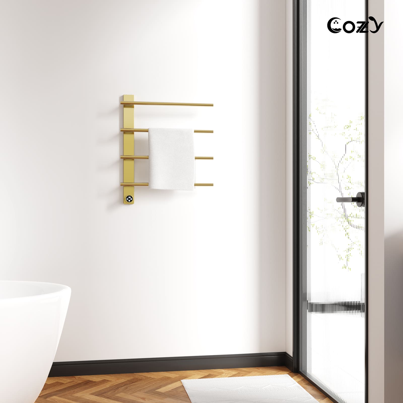 Cozy EB04 electric heated towel rack in brushed gold style for bathroom decor.