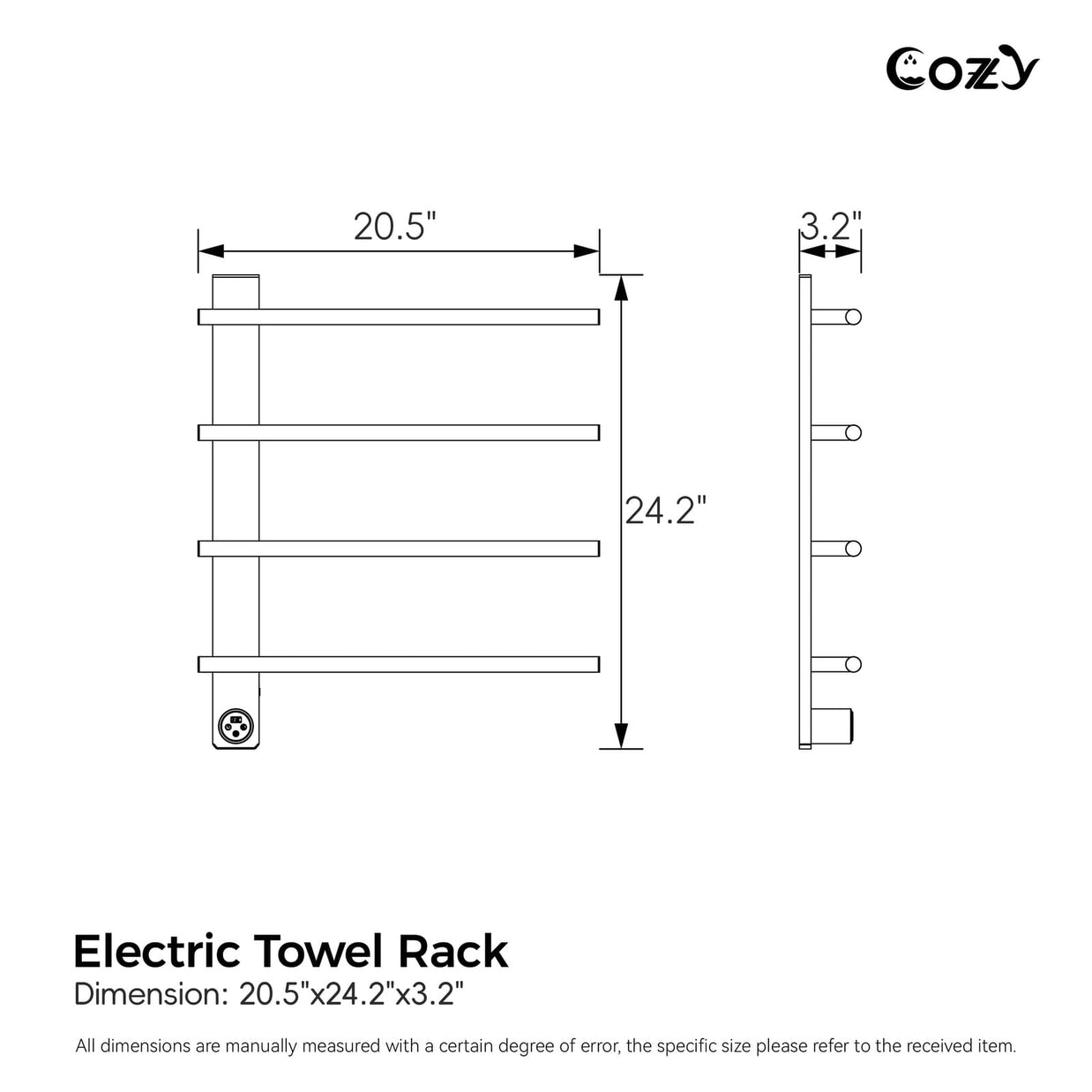 Cozy EB04 electric heated towel rack in brushed gold dimensions chart.