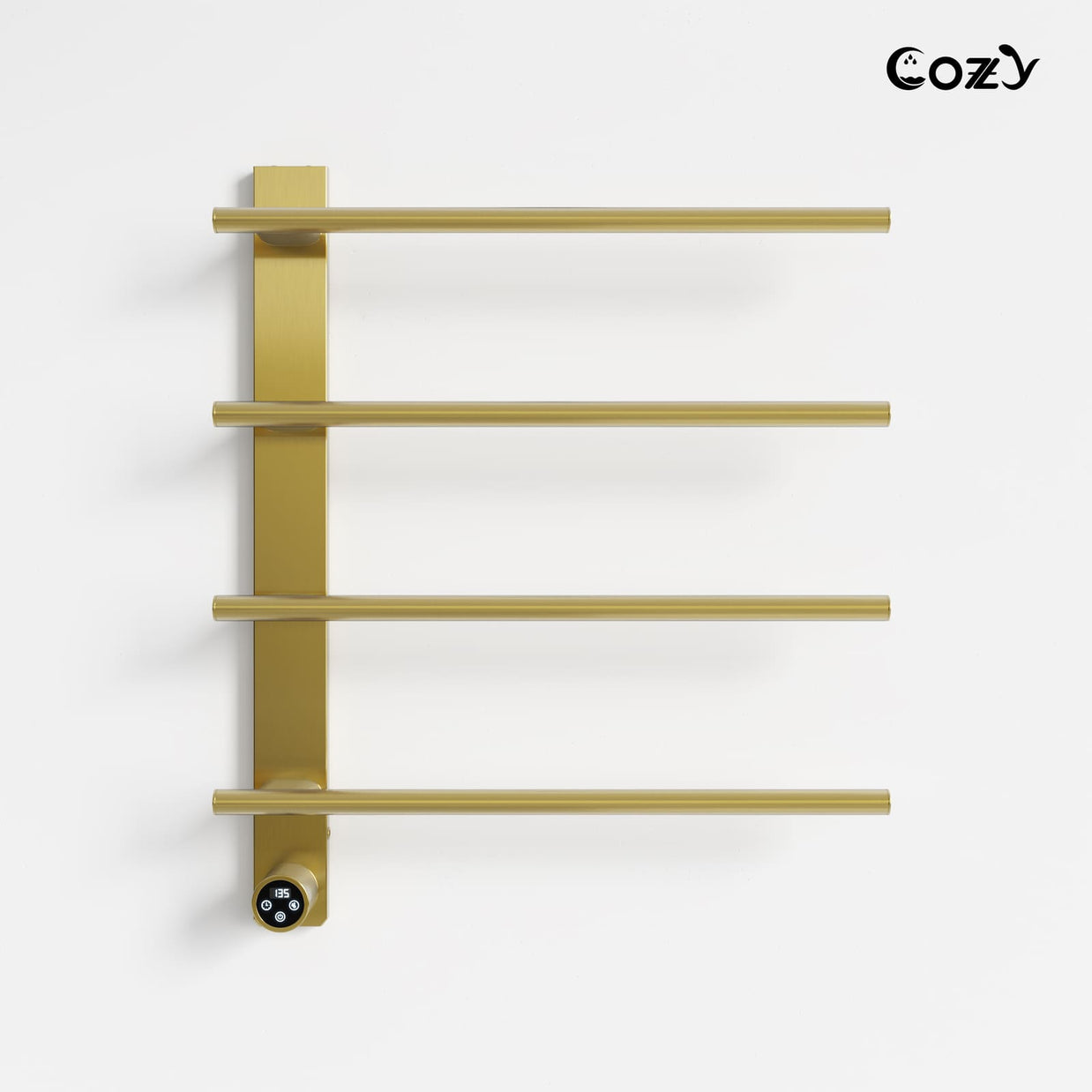 Cozy EB04 electric heated towel rack in brushed gold finish front view.
