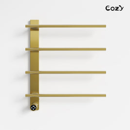 Cozy EB04 electric heated towel rack in brushed gold finish front view.