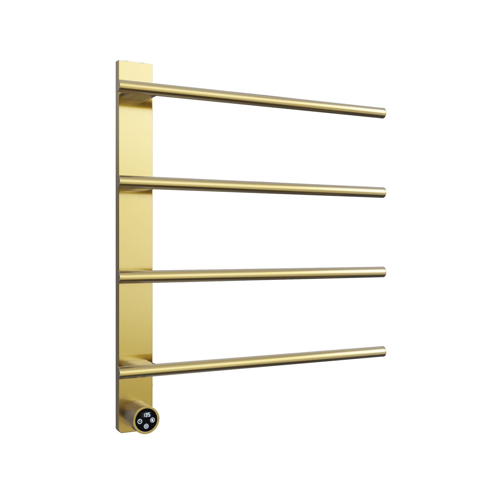 Cozy EB04 electric heated towel rack in brushed gold finish perspective view.