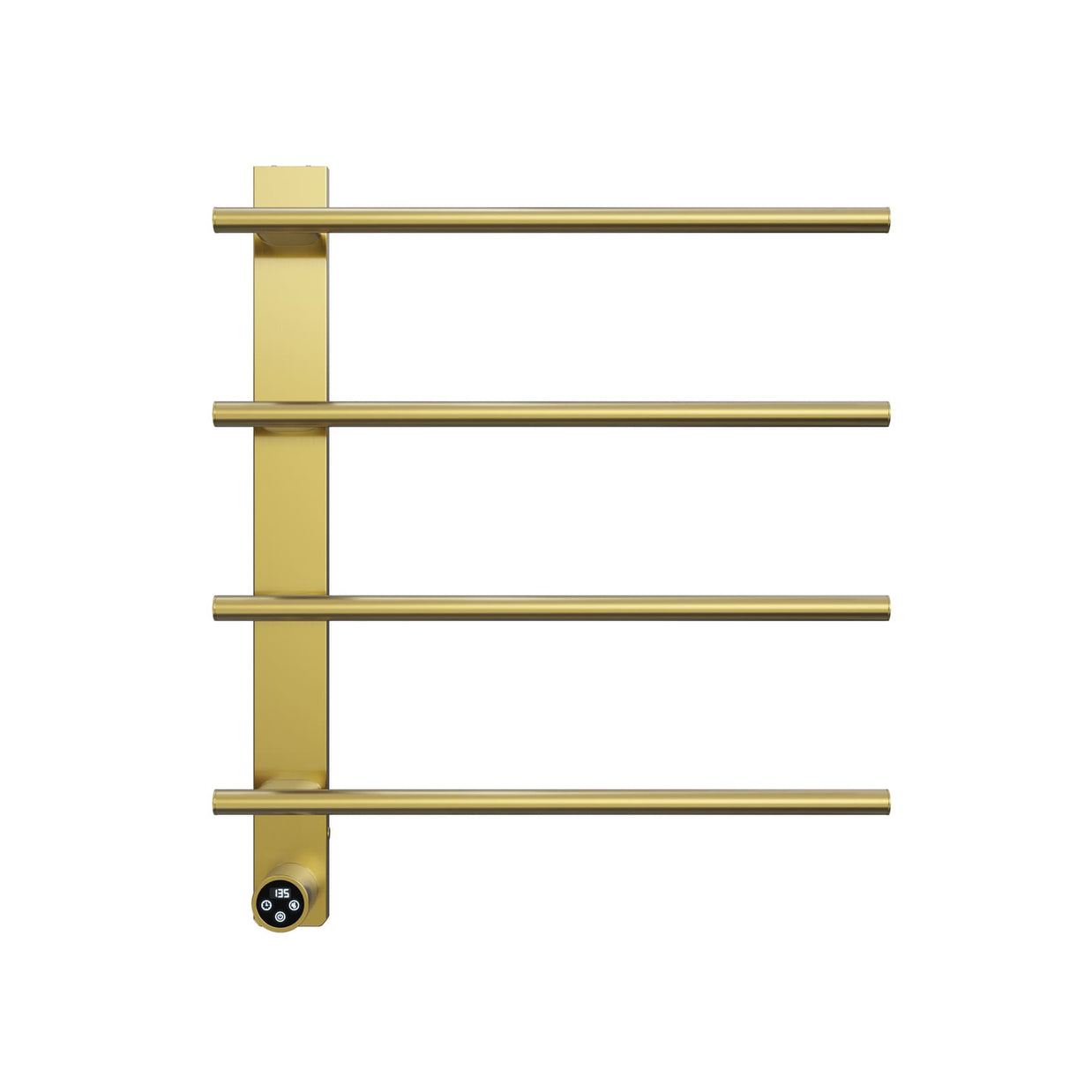 Cozy EB04 electric heated towel rack in brushed gold finish side view.