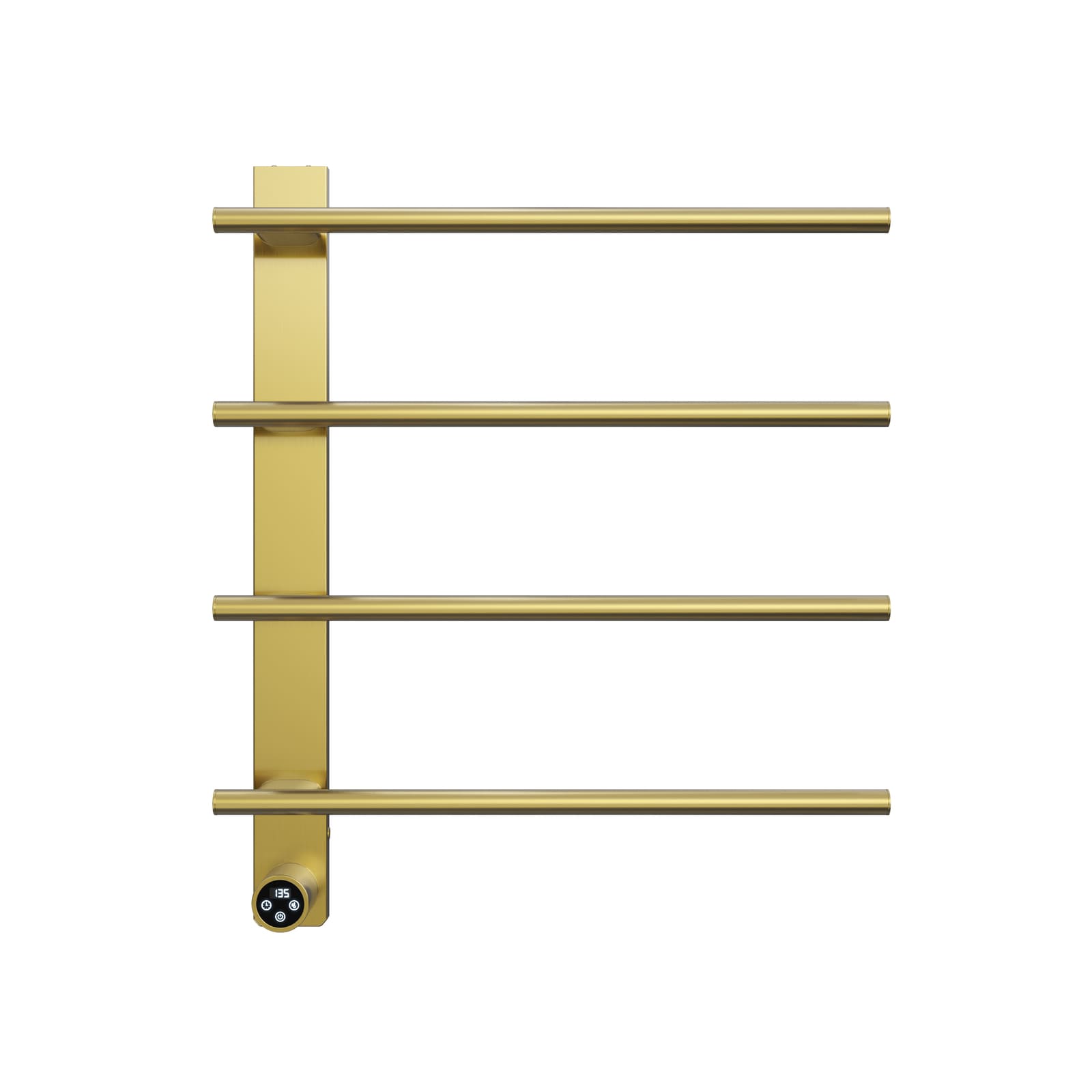 Cozy EB04 electric heated towel rack in brushed gold finish side view.
