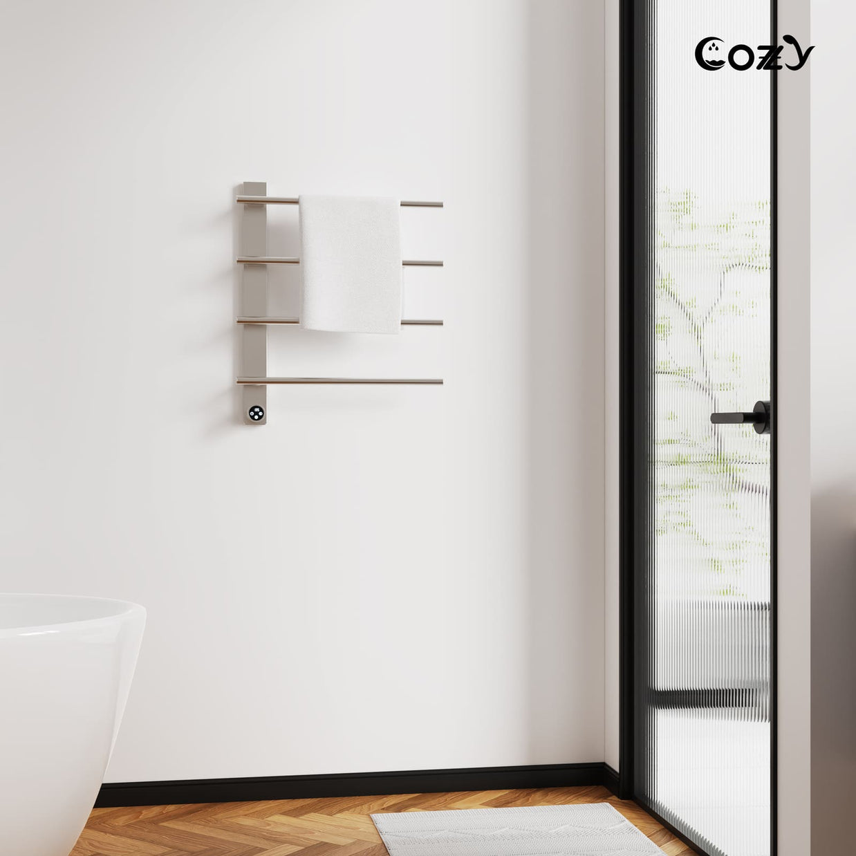 Cozy EB04 electric heated towel rack in brushed nickel style for bathroom decor.