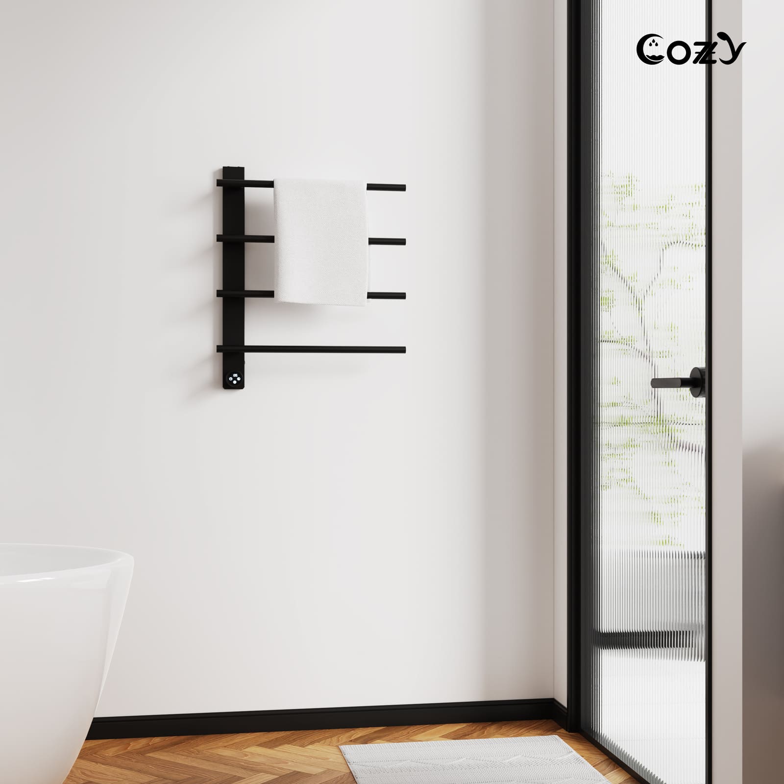 Cozy EB04 electric heated towel rack in matte black style for bathroom decor.