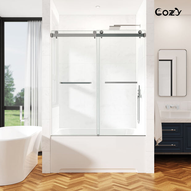 Cozy GD09-4860 brushed nickel frameless double sliding tub door installed over a bathtub in a modern bathroom.