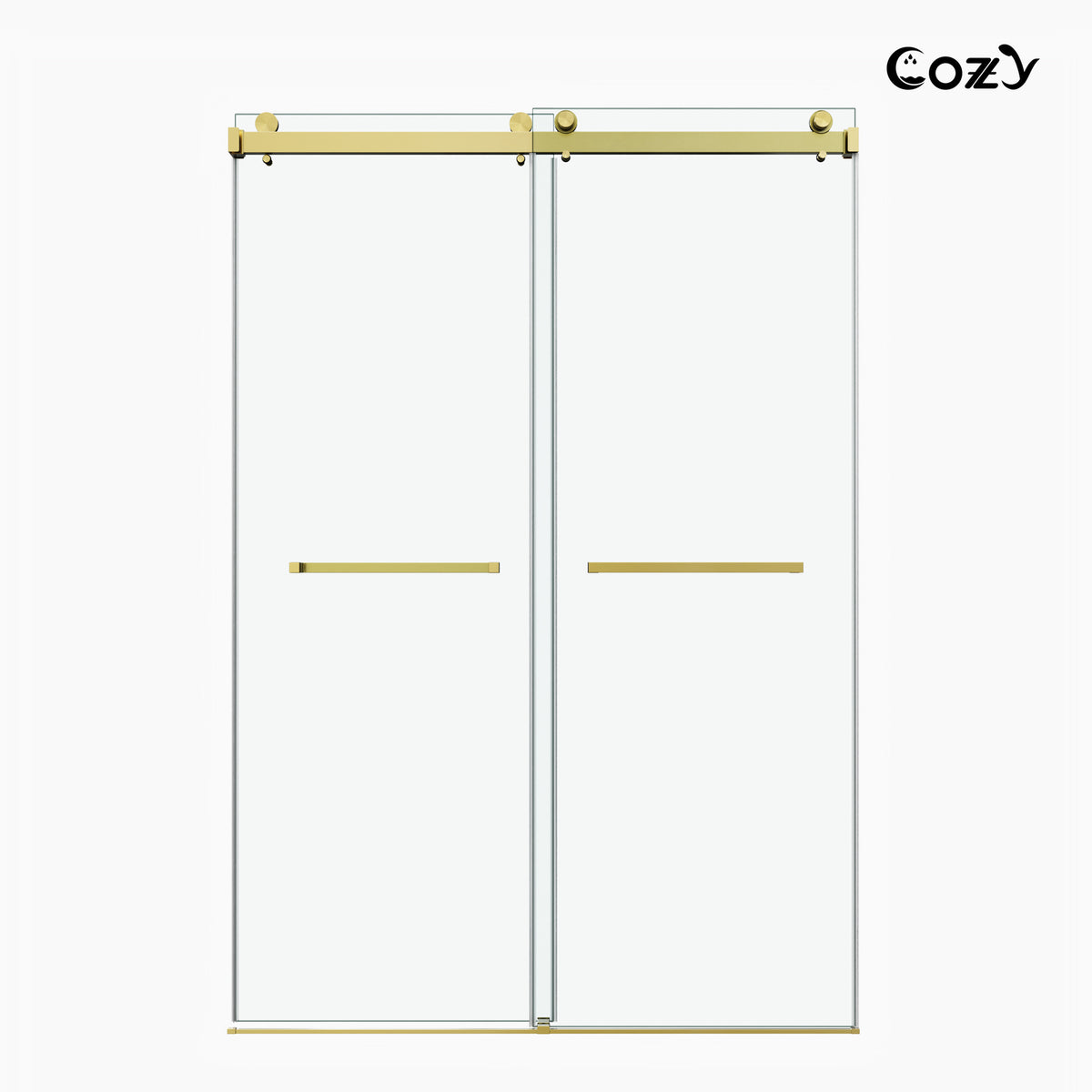 Cozy GD09-4872 Brushed Gold frameless double sliding shower door shown from the front on a white background.