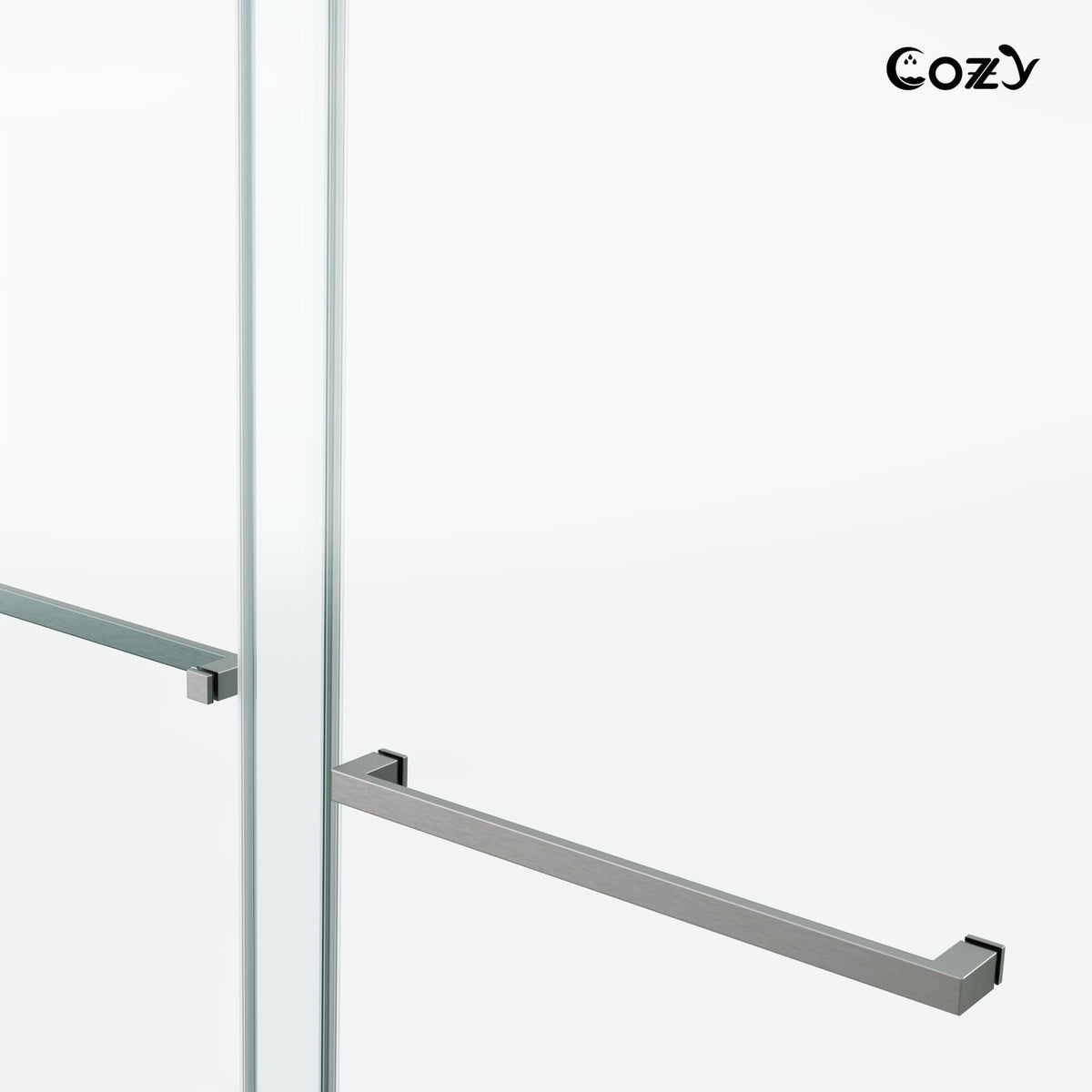 Cozy GD09-4872 Brushed Nickel double sliding shower door close-up showing the square pull handle.