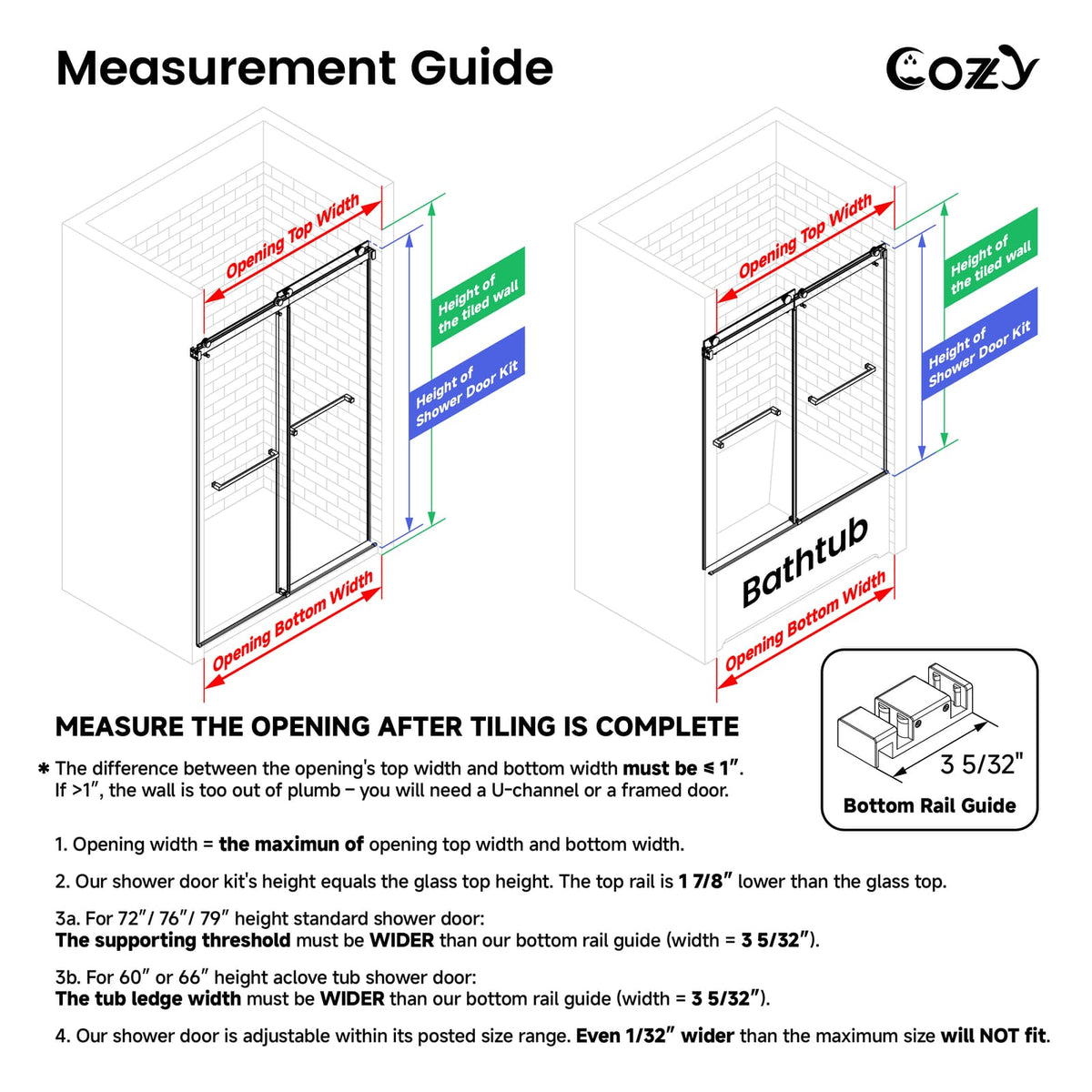 Cozy GD09-4872 shower door measurement guide showing opening width, tiled-wall height, and minimum threshold depth.