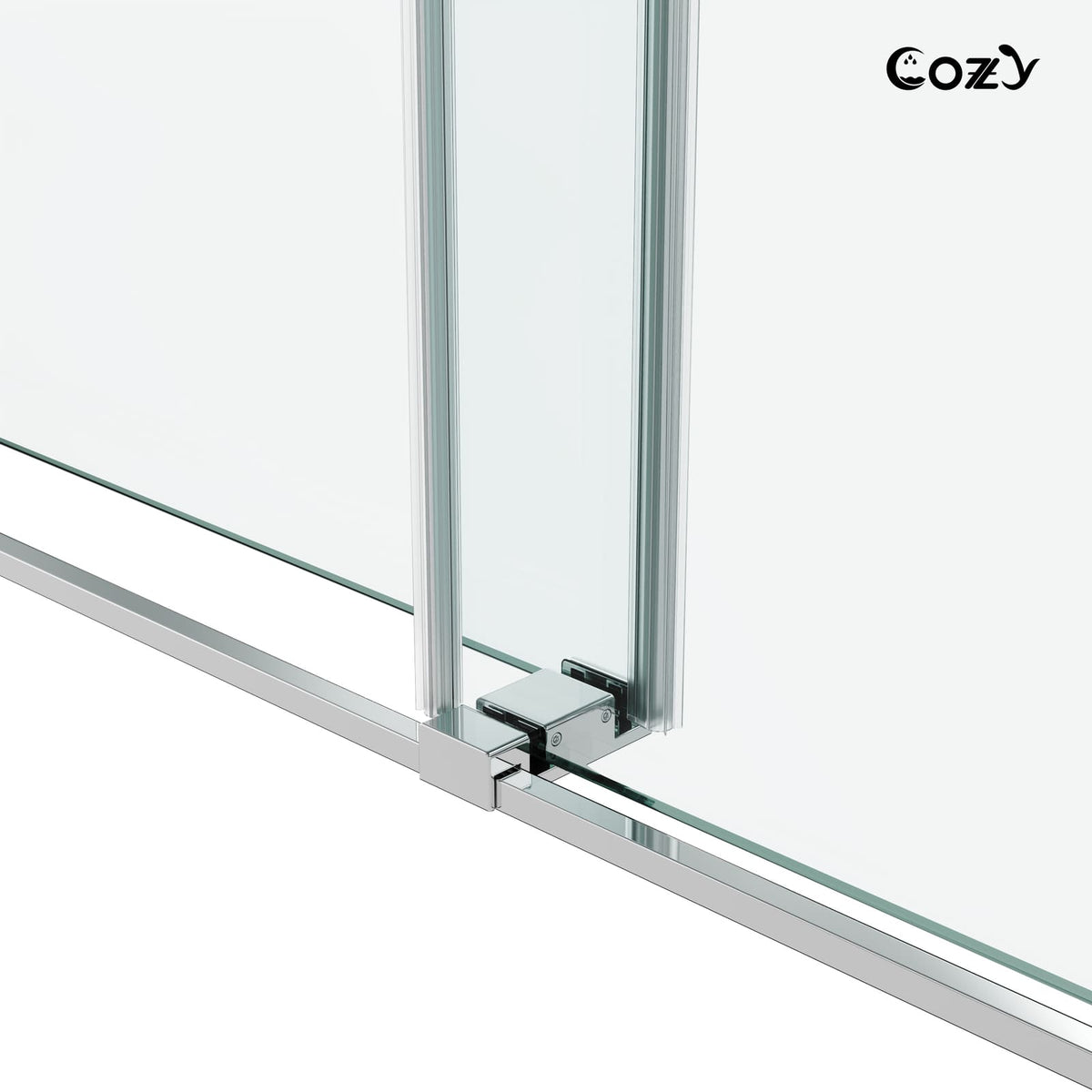 Cozy GD09-4876 Chrome double sliding shower door close-up showing the bottom guide and water-sealing hardware.