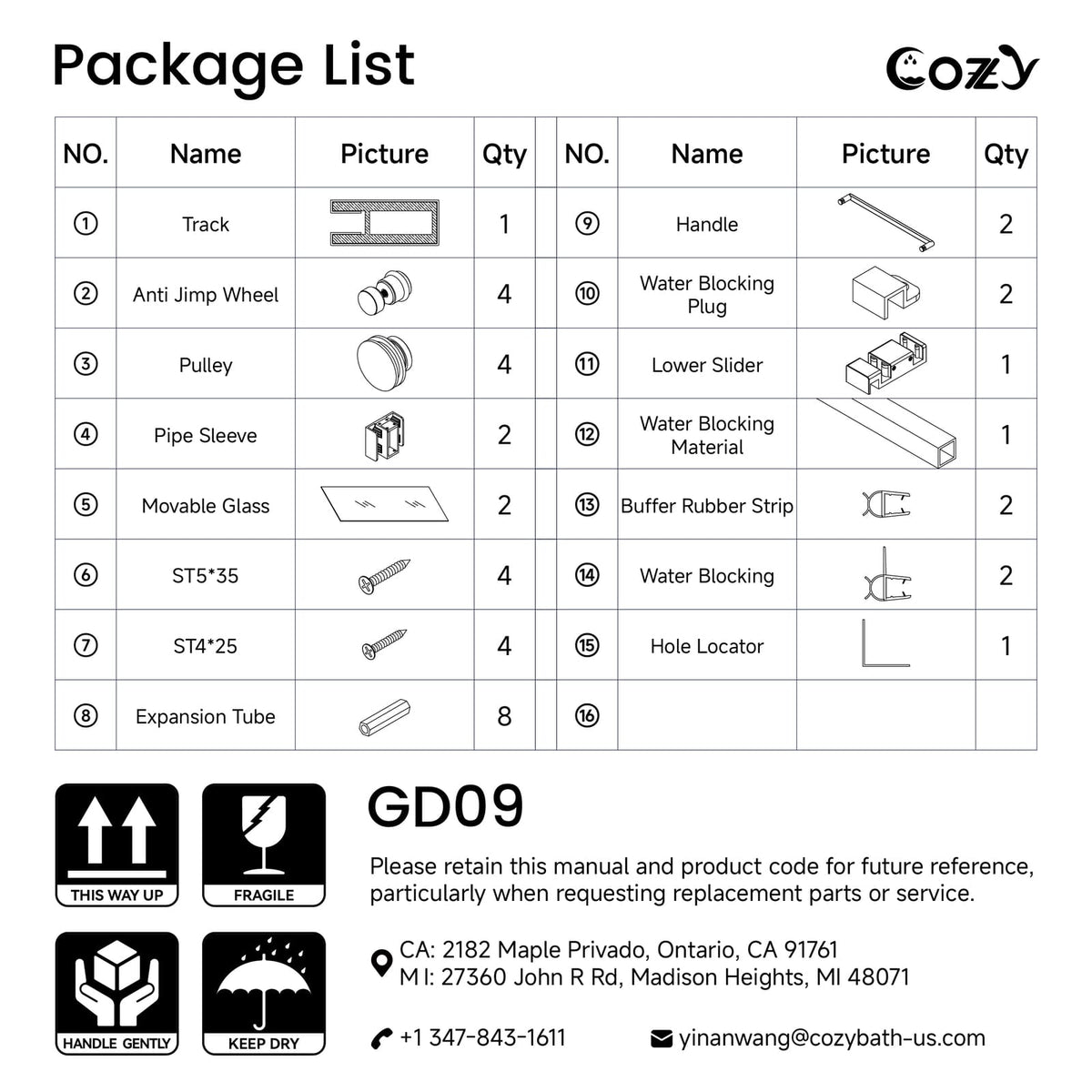 Cozy GD09 Local Pickup double sliding shower door package list showing included glass panels, track, rollers, towel bars, guides, and seals.