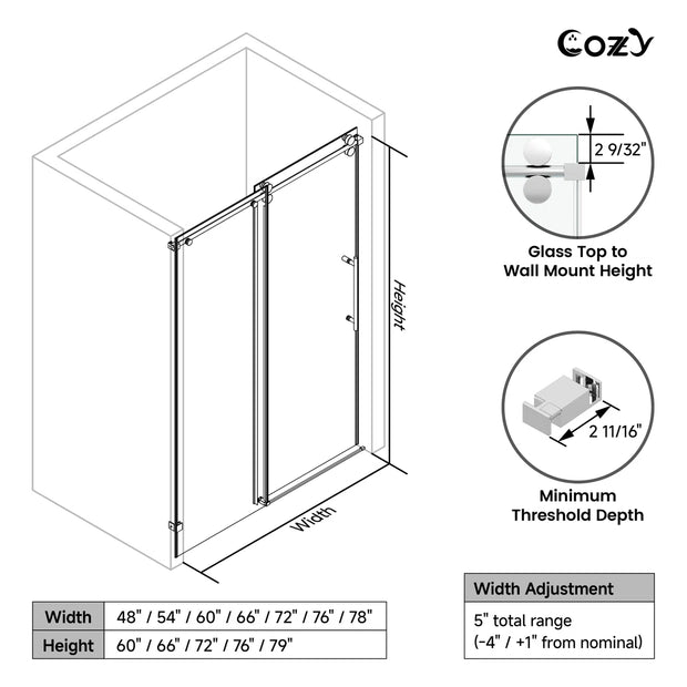 Cozy GD10-4860 Chrome single sliding tub door diagram showing width adjustment, height, wall-mount clearance, and threshold depth.