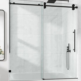 Cozy GD10-4860 Matte Black frameless single sliding tub door installed over a bathtub in a modern bathroom.