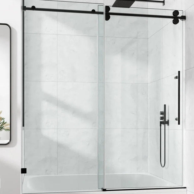 Cozy GD10-4860 Matte Black frameless single sliding tub door installed over a bathtub in a modern bathroom.