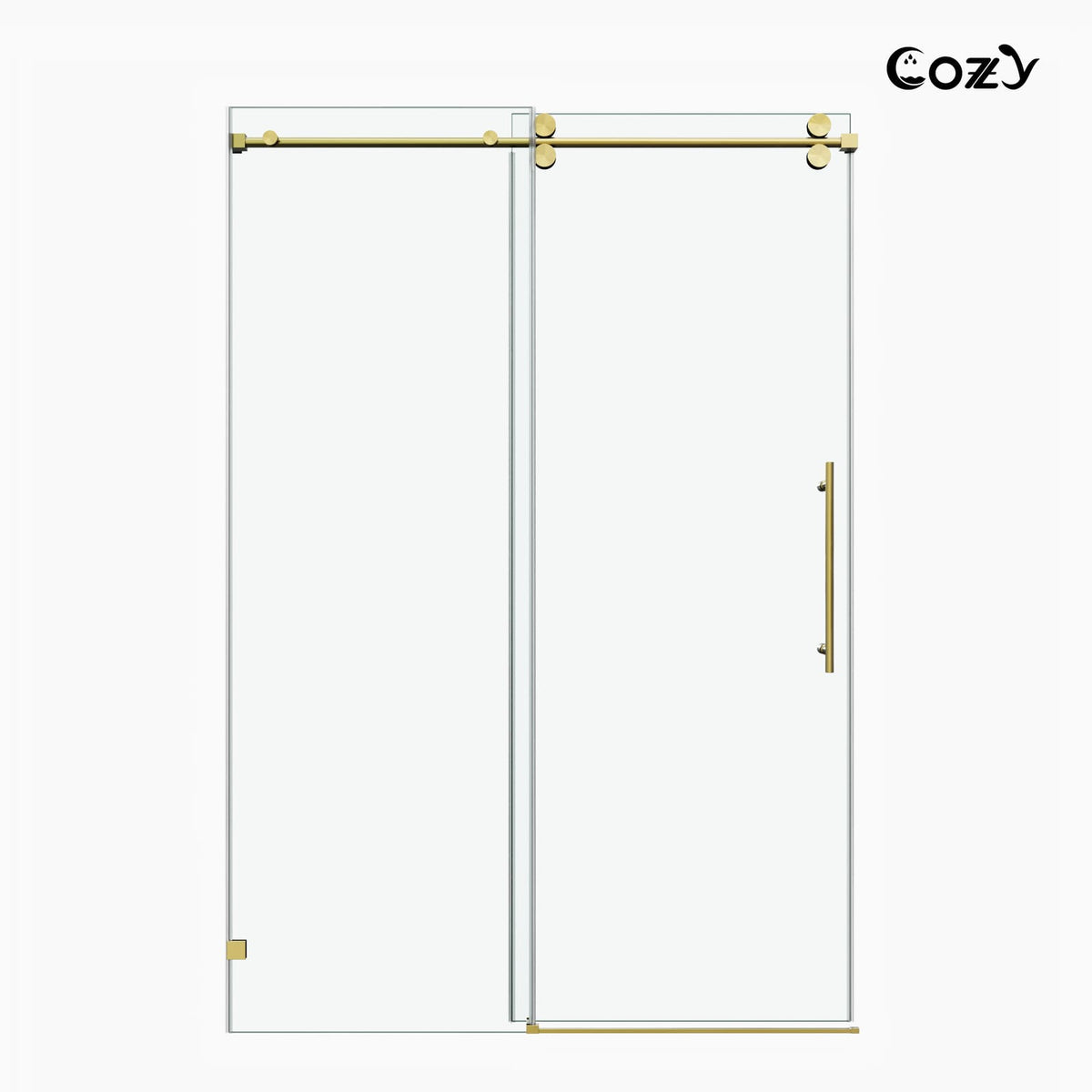 Cozy GD10-4876 Brushed Gold frameless single sliding shower door shown from the front on a white background.
