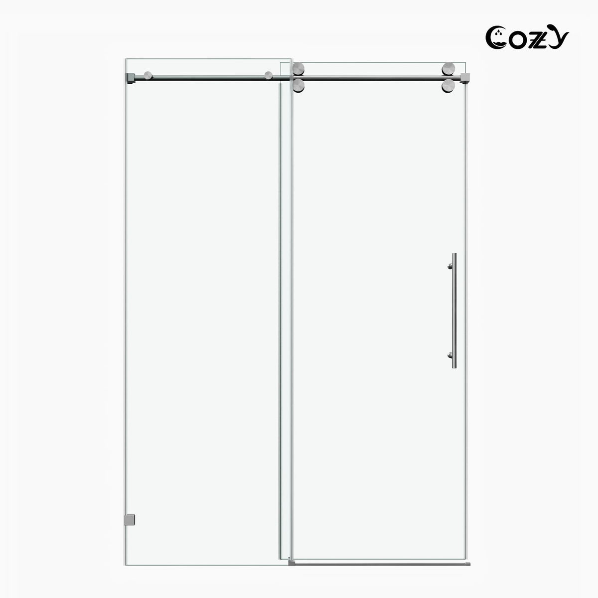 Cozy GD10-4876 Brushed Nickel frameless single sliding shower door shown from the front on a white background.