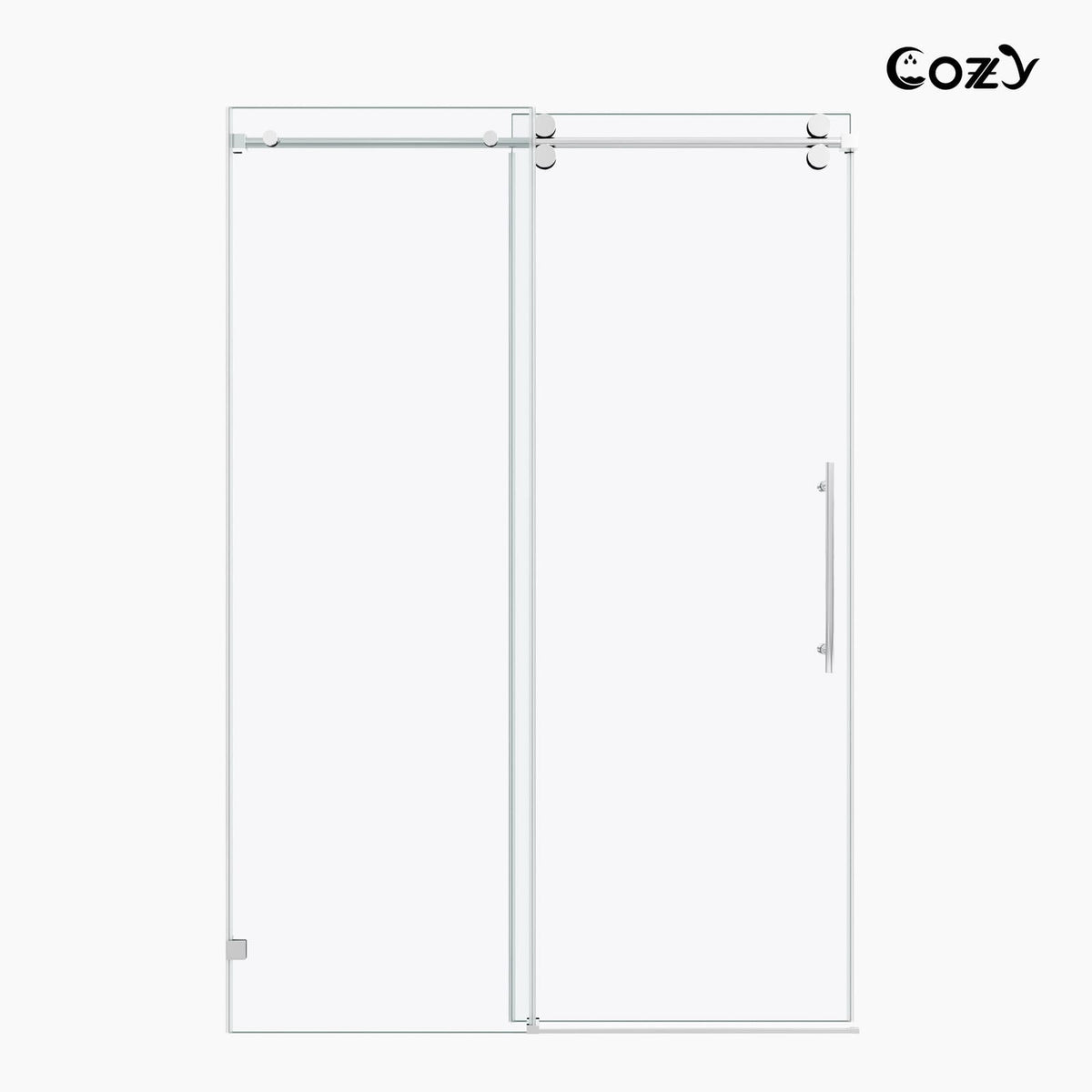 Cozy GD10-4876 Chrome frameless single sliding shower door shown from the front on a white background.