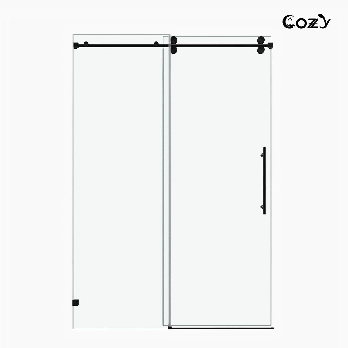Cozy GD10-4876 Matte Black frameless single sliding shower door shown from the front on a white background.