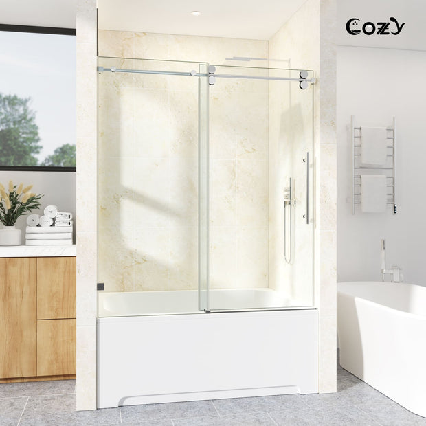 Cozy GD10-6666 Chrome frameless single sliding tub door installed over a bathtub in a modern bathroom.