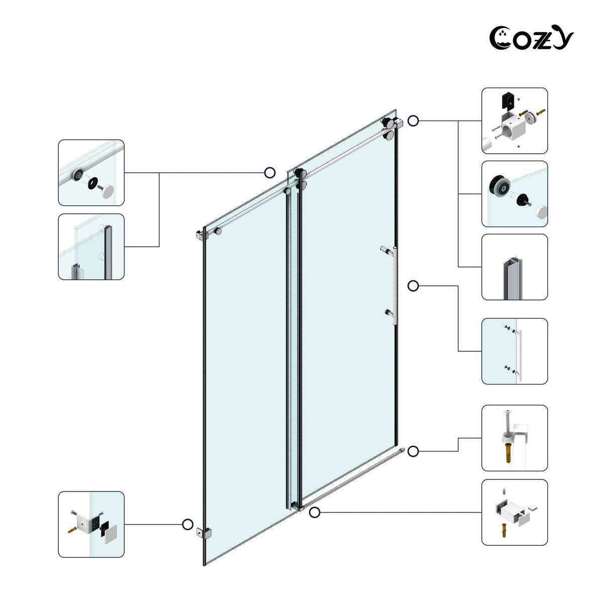 Cozy GD10-6672 single sliding shower door hardware diagram showing rollers, wall brackets, towel bar handle, guides, and seals.