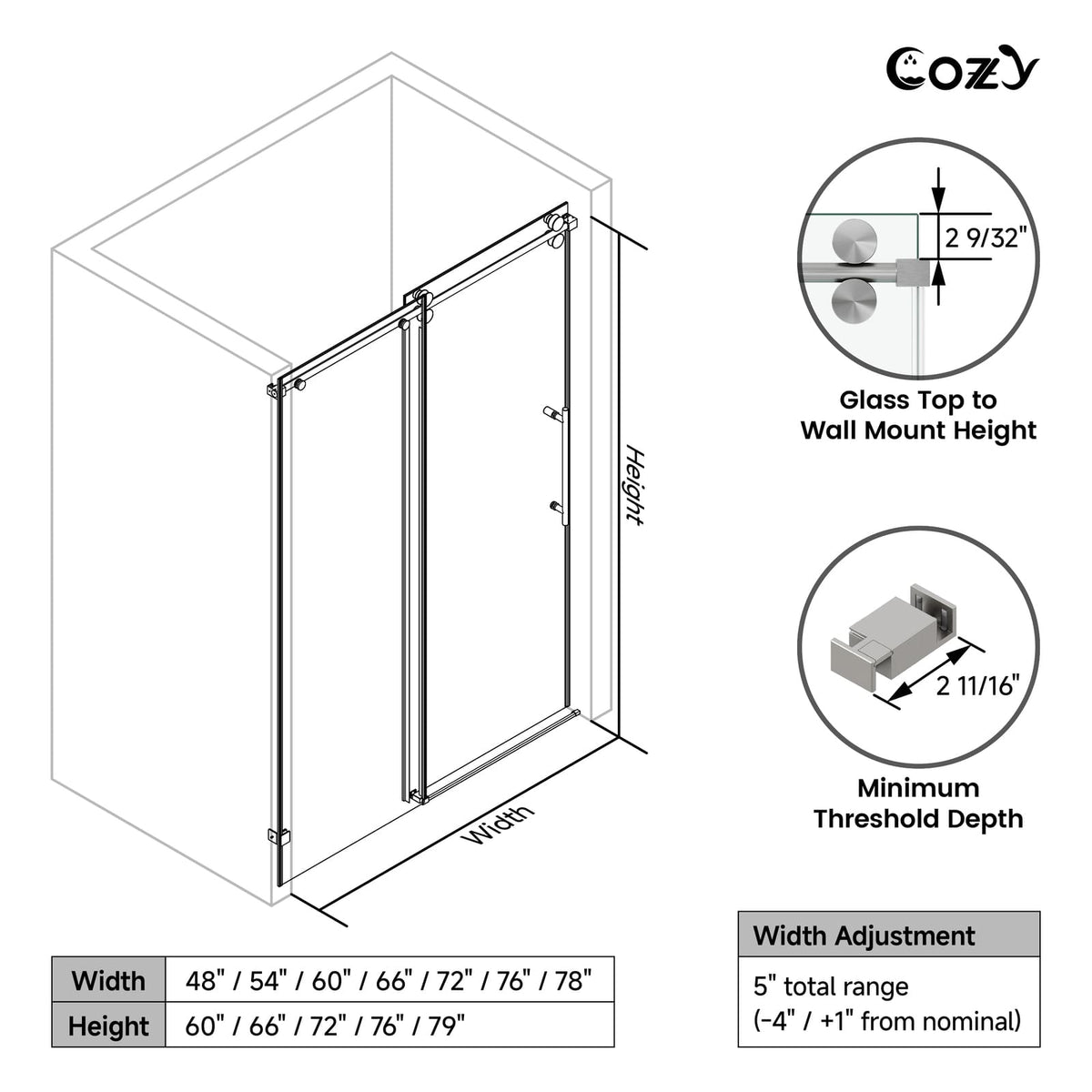 Cozy GD10-6672 single sliding shower door diagram showing width adjustment, height, wall-mount clearance, and threshold depth.