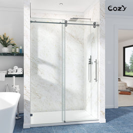 Cozy GD10-6672 Brushed Nickel frameless single sliding shower door installed in a modern bathroom.