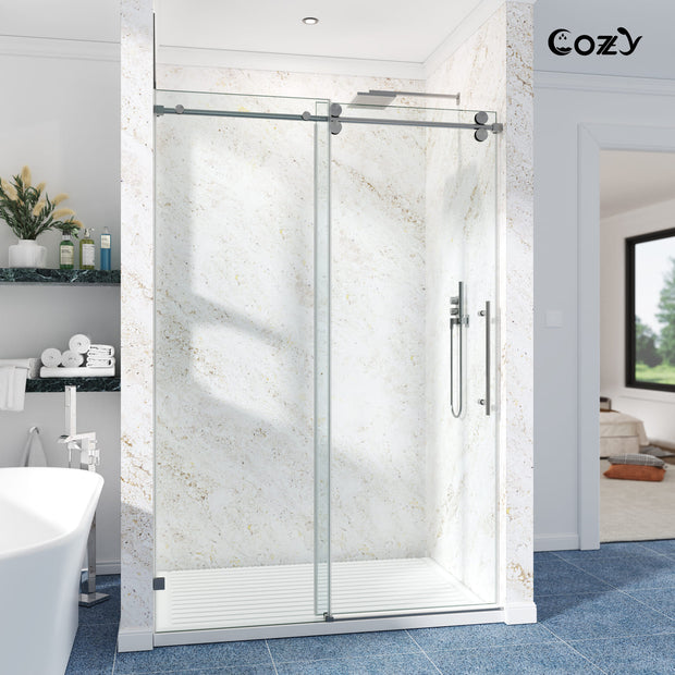Cozy GD10-6672 Brushed Nickel frameless single sliding shower door installed in a modern bathroom.