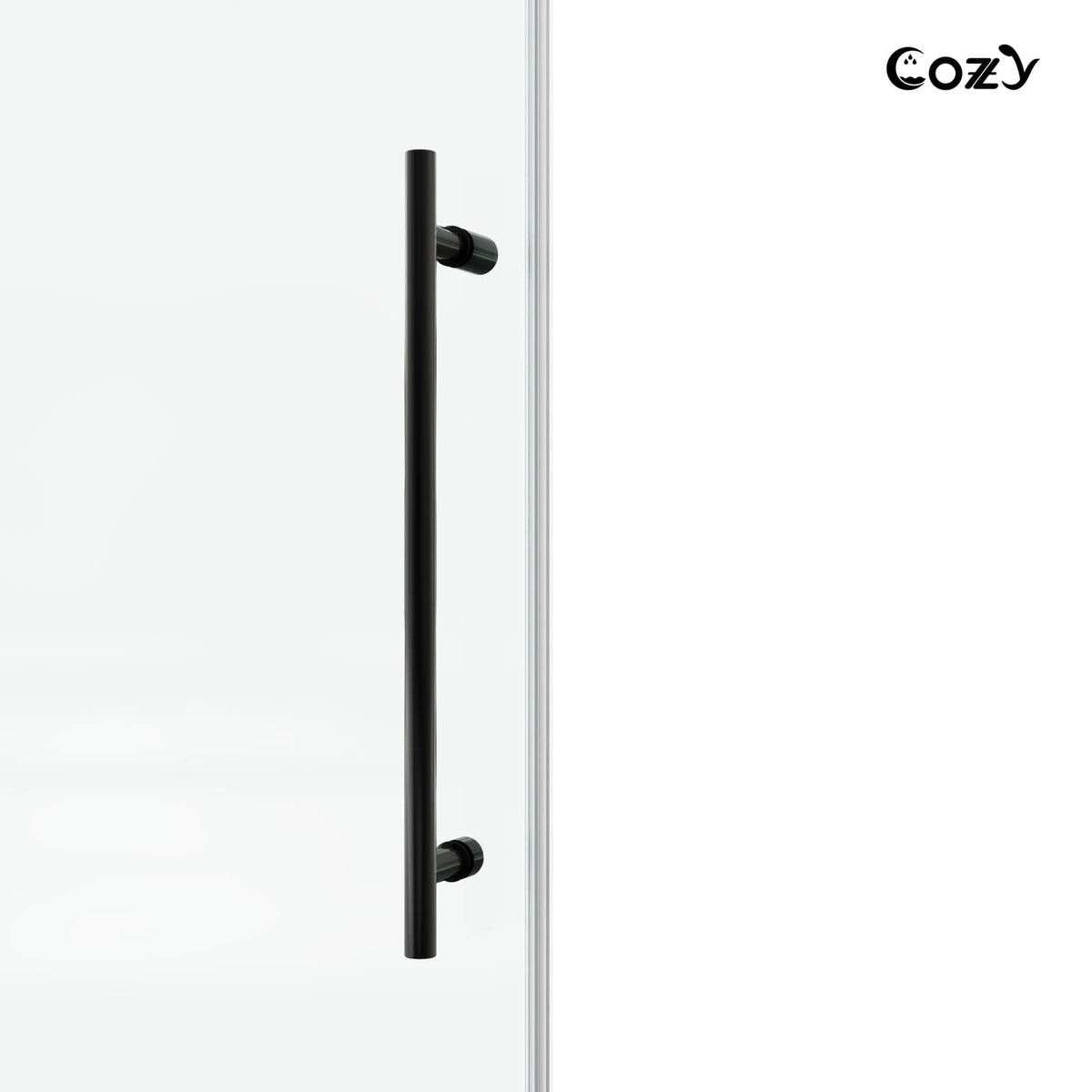 Cozy GD10-6672 Matte Black single sliding shower door close-up showing the towel bar handle.