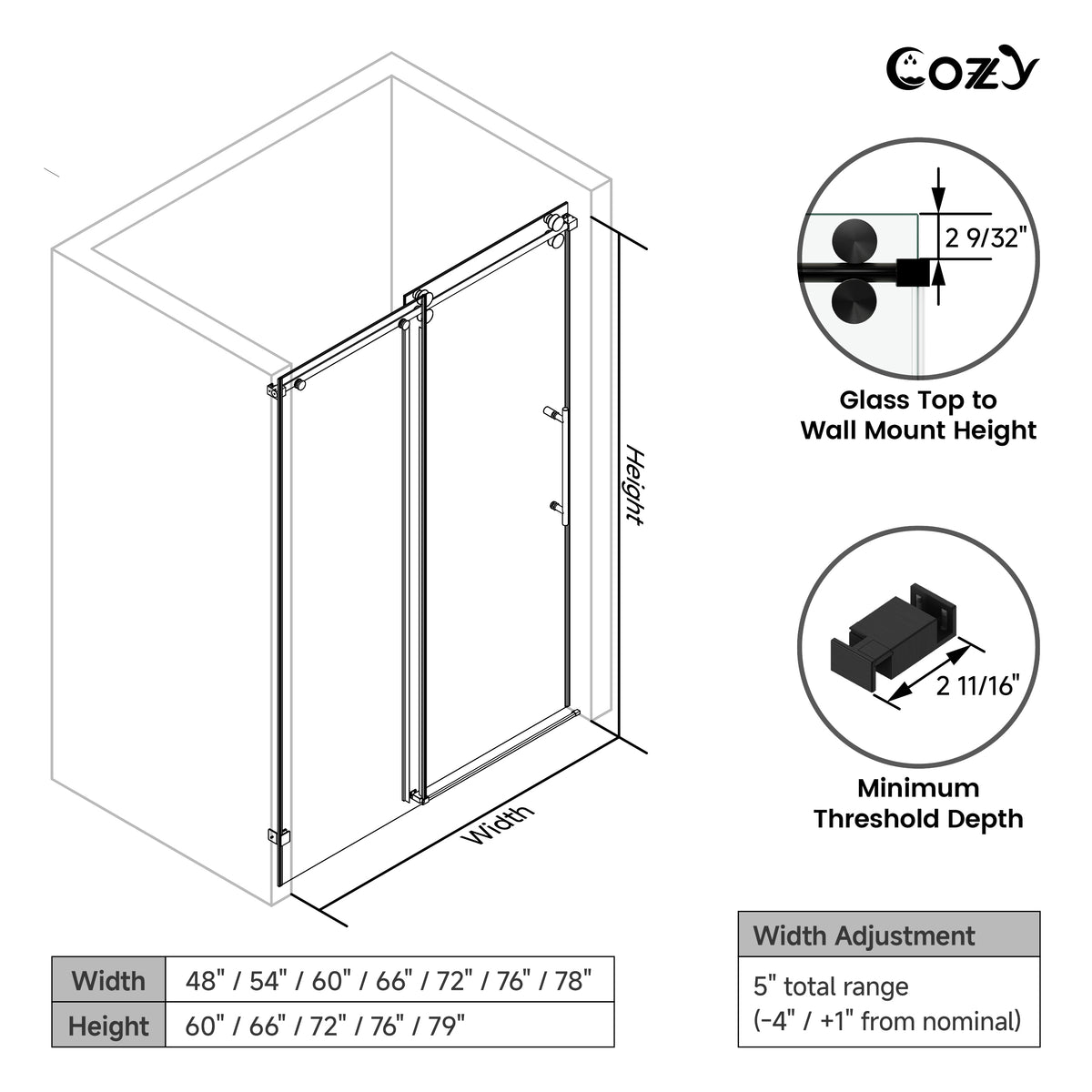 Cozy GD10 Local Pickup sliding shower door diagram showing width adjustment, height, wall-mount clearance, and minimum threshold depth.