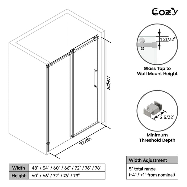 Cozy GD11-4866 brushed nickel tub door diagram showing width adjustment, wall-mount height, and minimum threshold depth.
