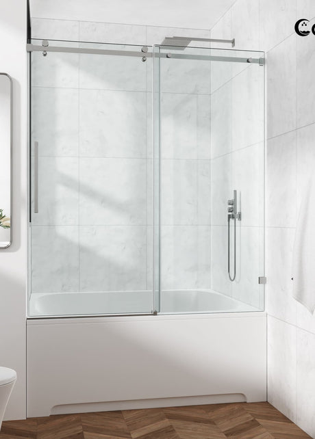 Cozy GD11-4866 brushed nickel frameless sliding tub door front view with clear tempered glass.