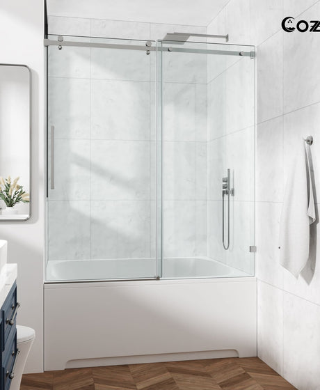 Cozy GD11-4866 brushed nickel frameless sliding tub door front view with clear tempered glass.
