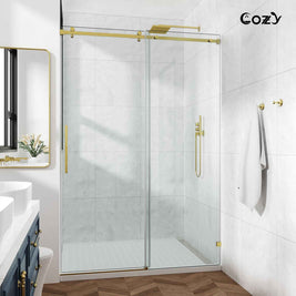 Cozy GD11-4876 brushed gold frameless single sliding shower door installed in a modern bathroom shower.