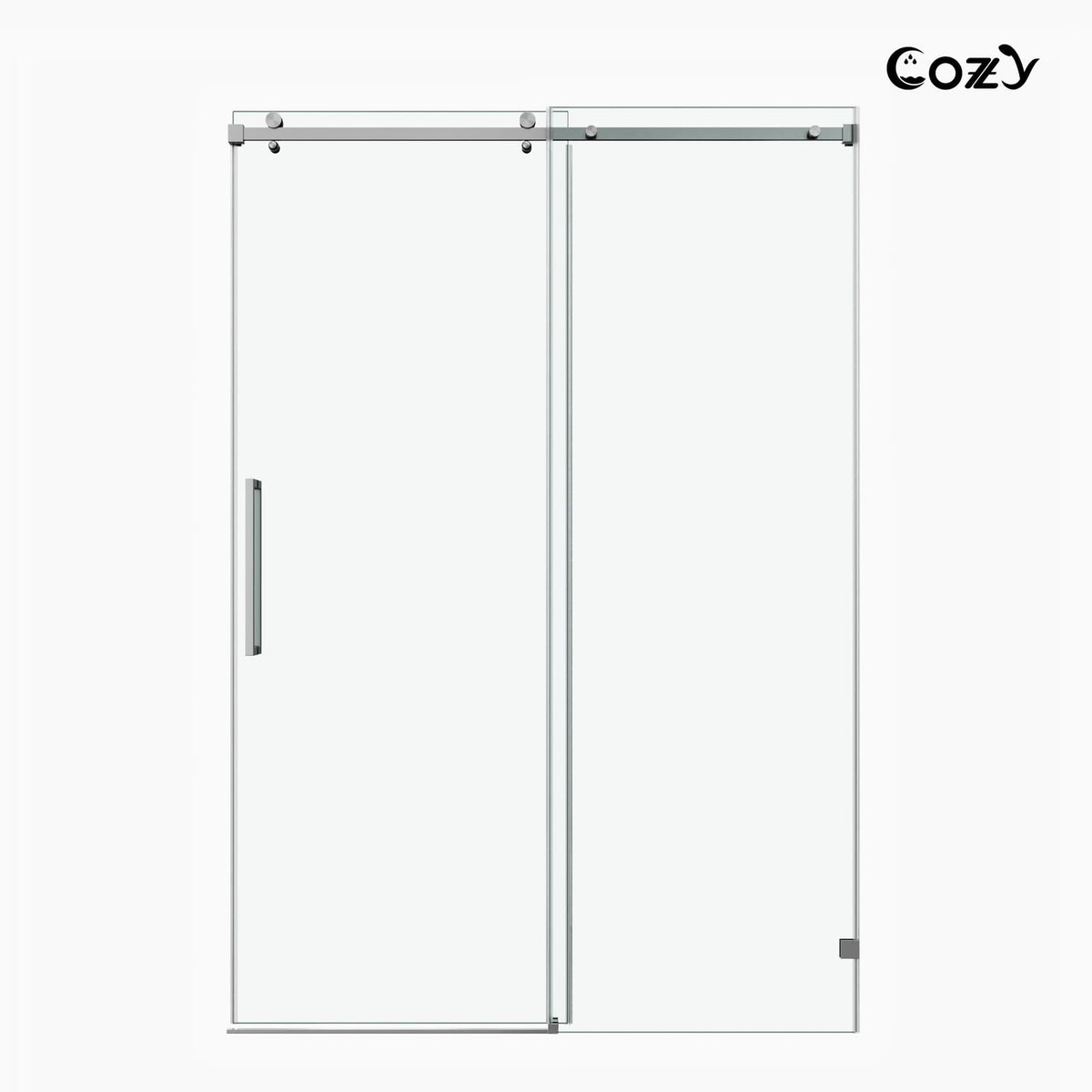 Cozy GD11-5472 brushed nickel frameless sliding shower door shown in a straight-on product view with clear tempered glass.