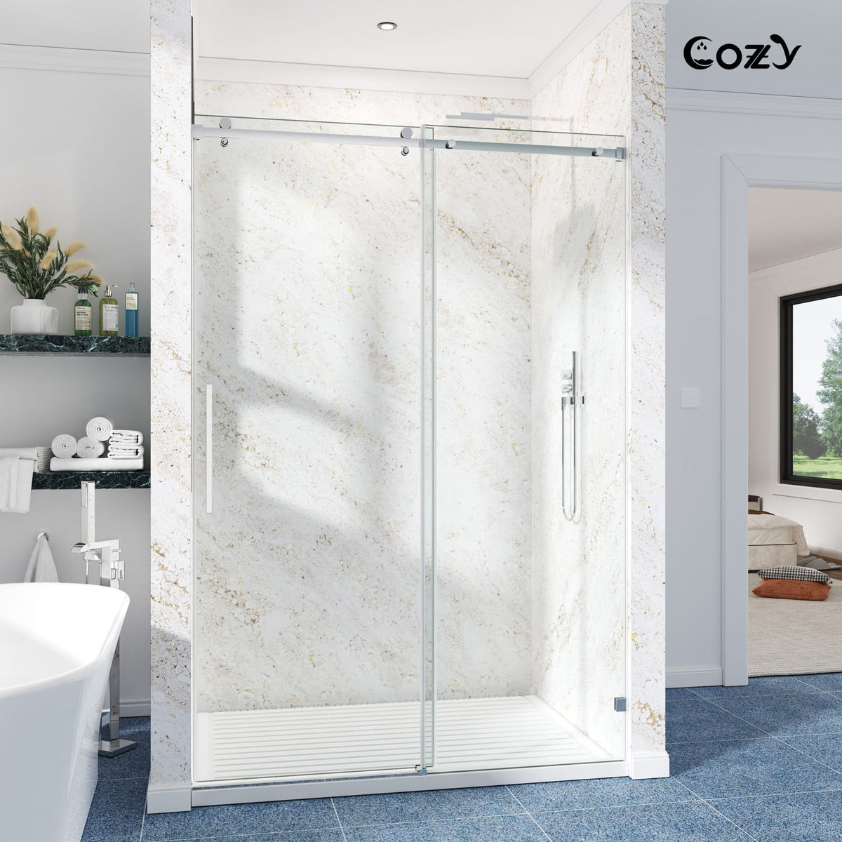 Cozy GD11-5472 chrome frameless sliding shower door shown from an alternate installed bathroom angle.